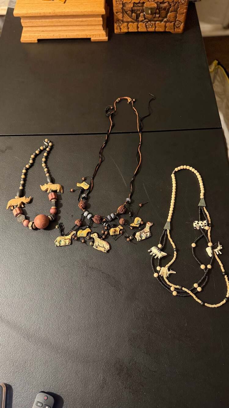 Vintage Hand-Carved Wooden Safari Animal Tribal Statement Necklace Lot of 3